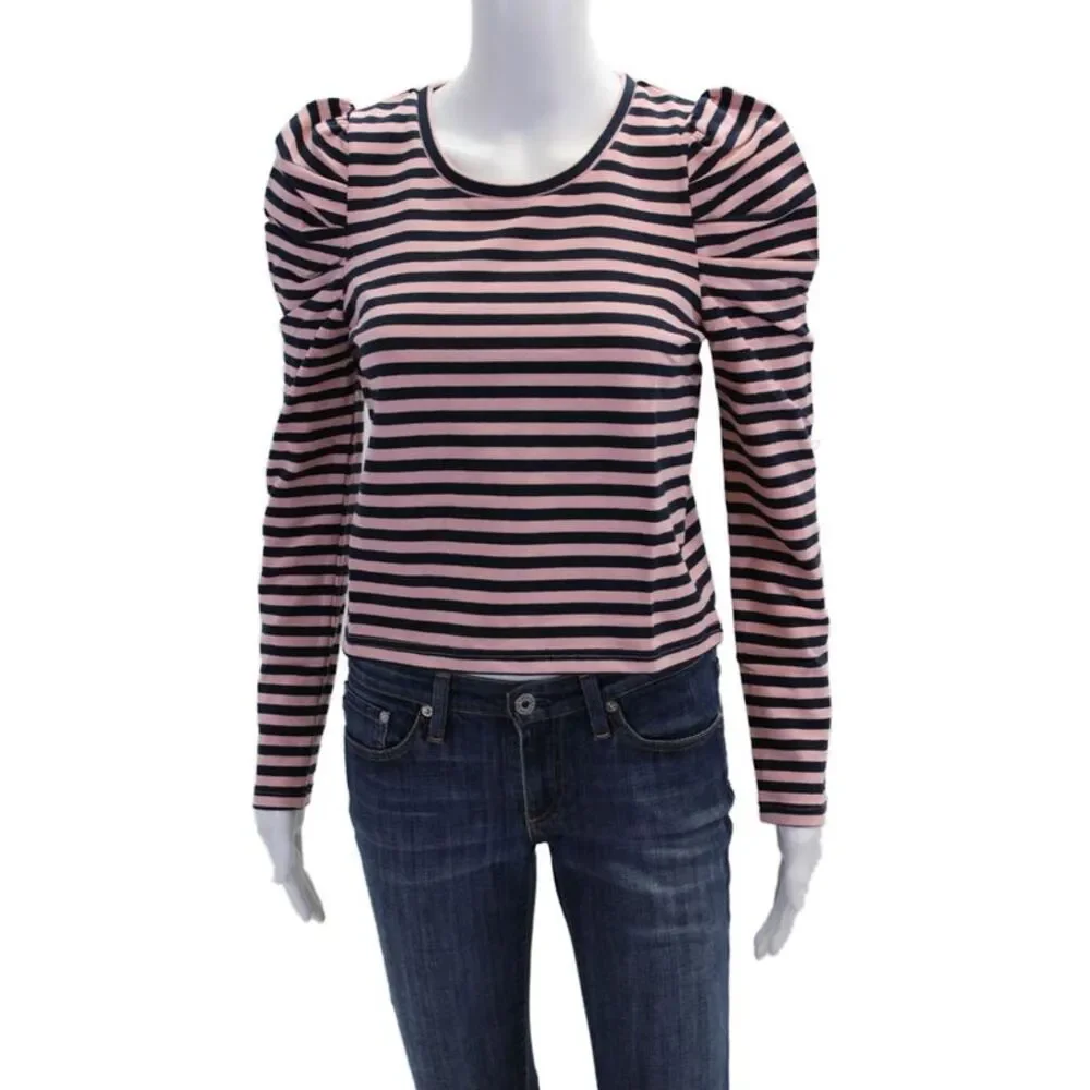 Rebecca Minkoff Womens Scoop Neck Cropped Talia Striped Sweatshirt Navy Pink XS